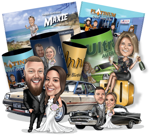 Collage of caricature stubby holder designs