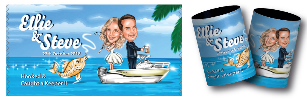 Steve & Ellies caricature wedding stubby cooler