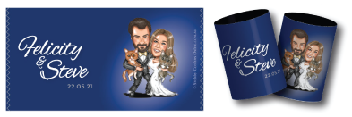 Felicitie & Steve's caricature wedding stubby coolers