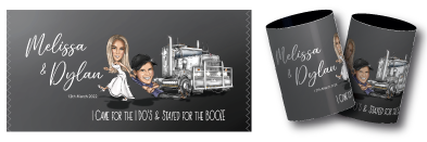 Melissa & Dylan's caricature wedding stubby coolers