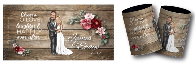 Shaye & James's caricature wedding stubby coolerstubby coolers