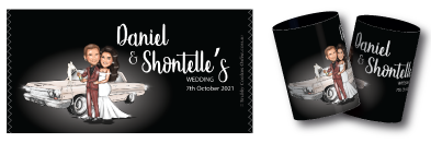 Daniel & Shontelle's caricature wedding stubby coolers